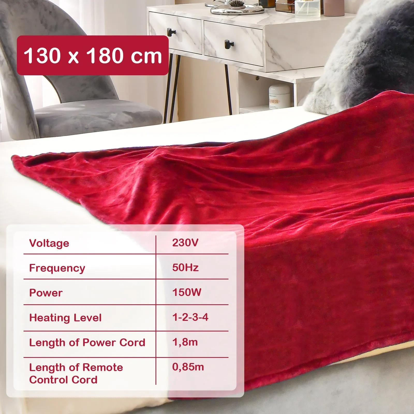 130 x 180 cm Electric Heated Blanket with 4 Heating Levels-Red