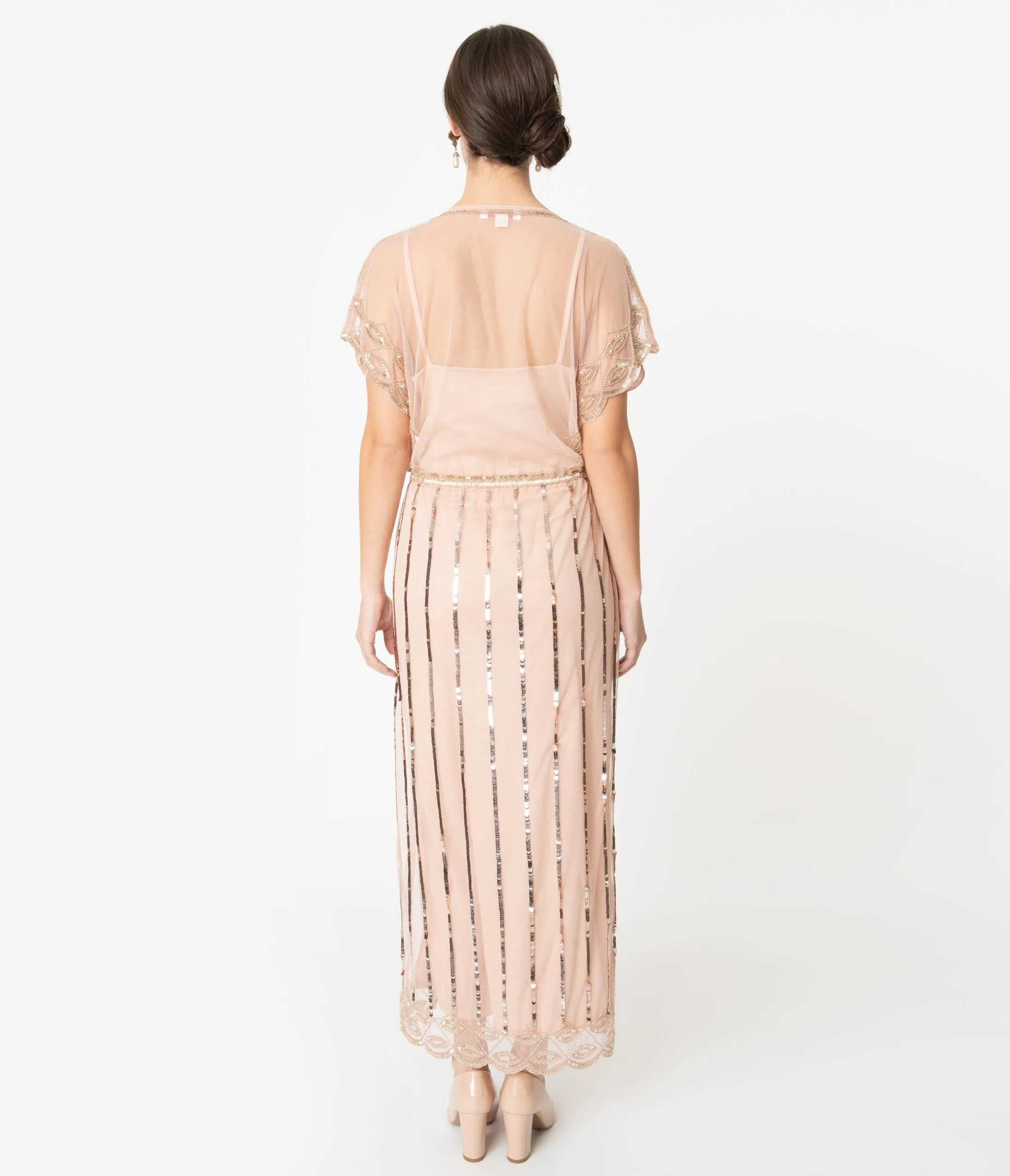 1920s Blush Pink Deco Angelina Maxi Flapper Dress