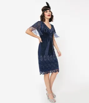 1920s Navy Beaded Marta Flapper Dress