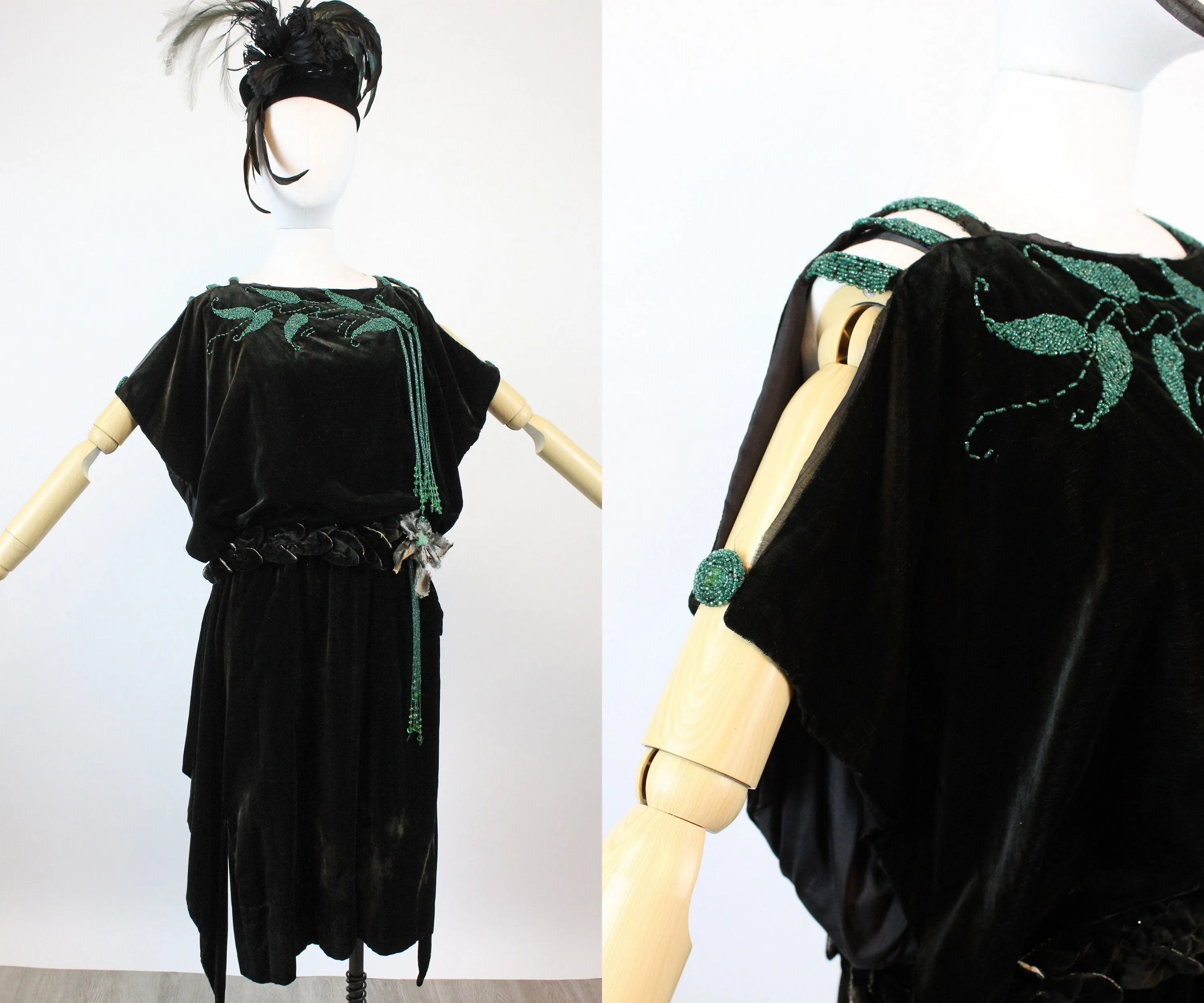 1920s RARE GREEN bead art deco velvet dress xs | new winter