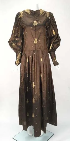 1970s Custom Coffee Brown Silk and Gold Leaf Motif Ensemble