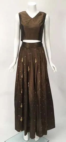 1970s Custom Coffee Brown Silk and Gold Leaf Motif Ensemble