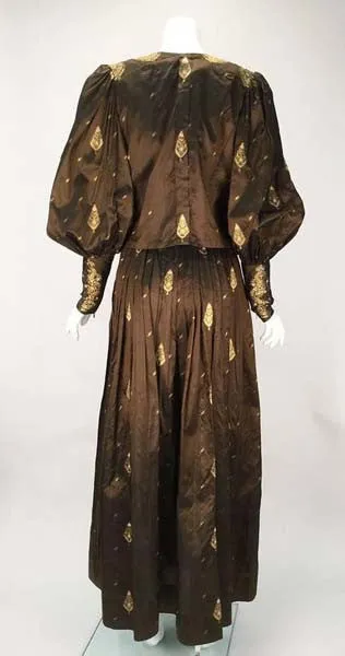 1970s Custom Coffee Brown Silk and Gold Leaf Motif Ensemble