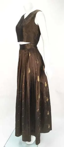 1970s Custom Coffee Brown Silk and Gold Leaf Motif Ensemble