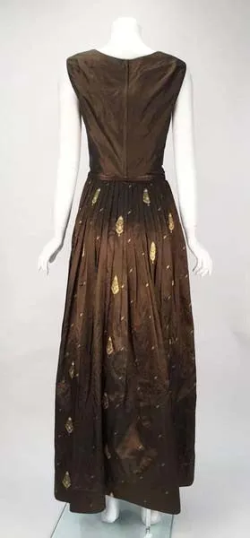 1970s Custom Coffee Brown Silk and Gold Leaf Motif Ensemble