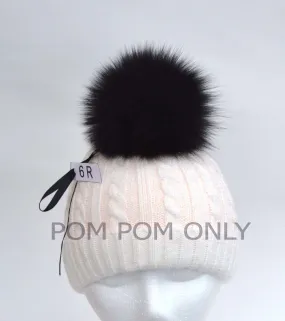 5,5" Black Fox Fur Pompom for Winter Hat with ribbons