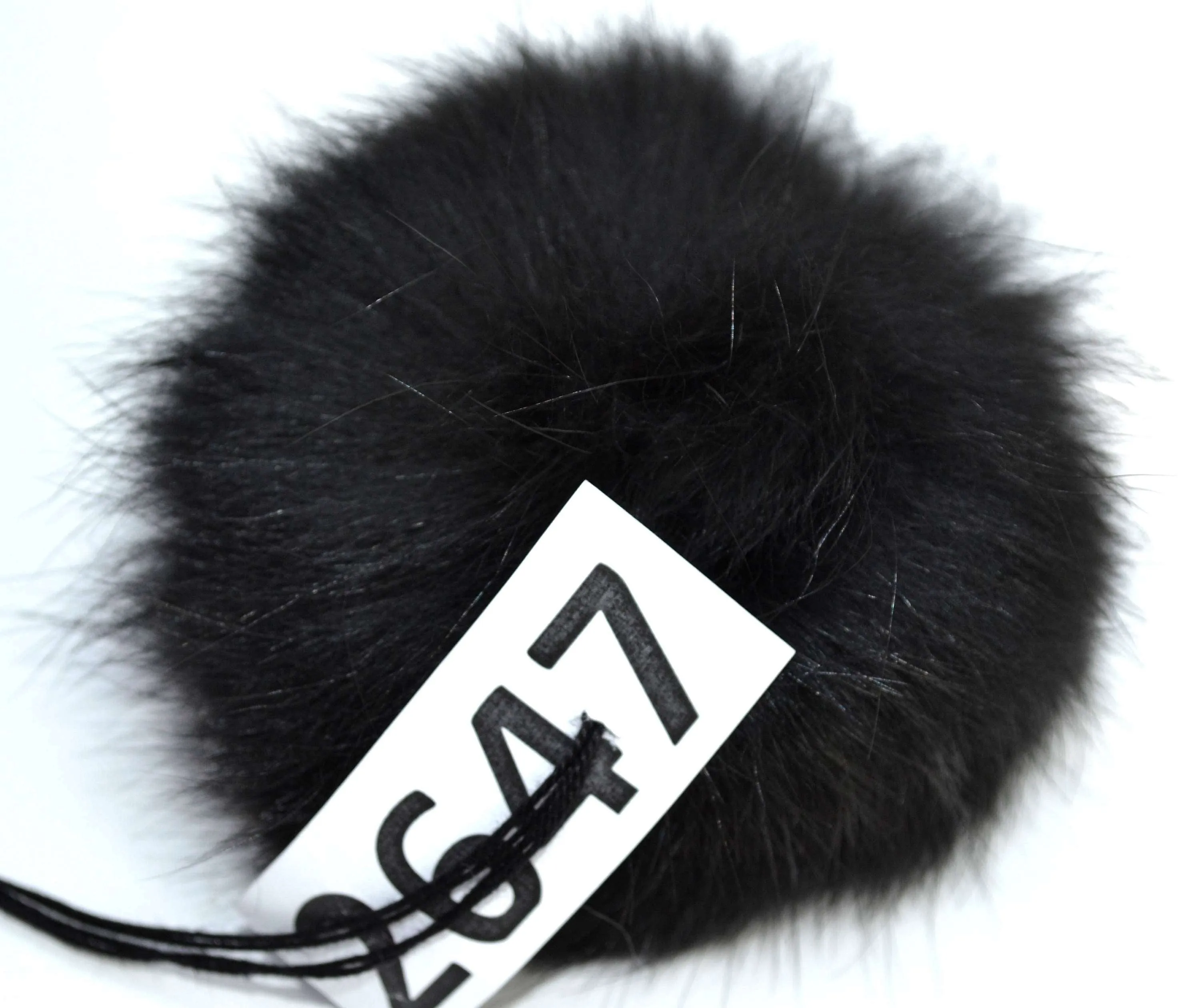 5" Black Real Fox Fur Pom Pom with ribbons