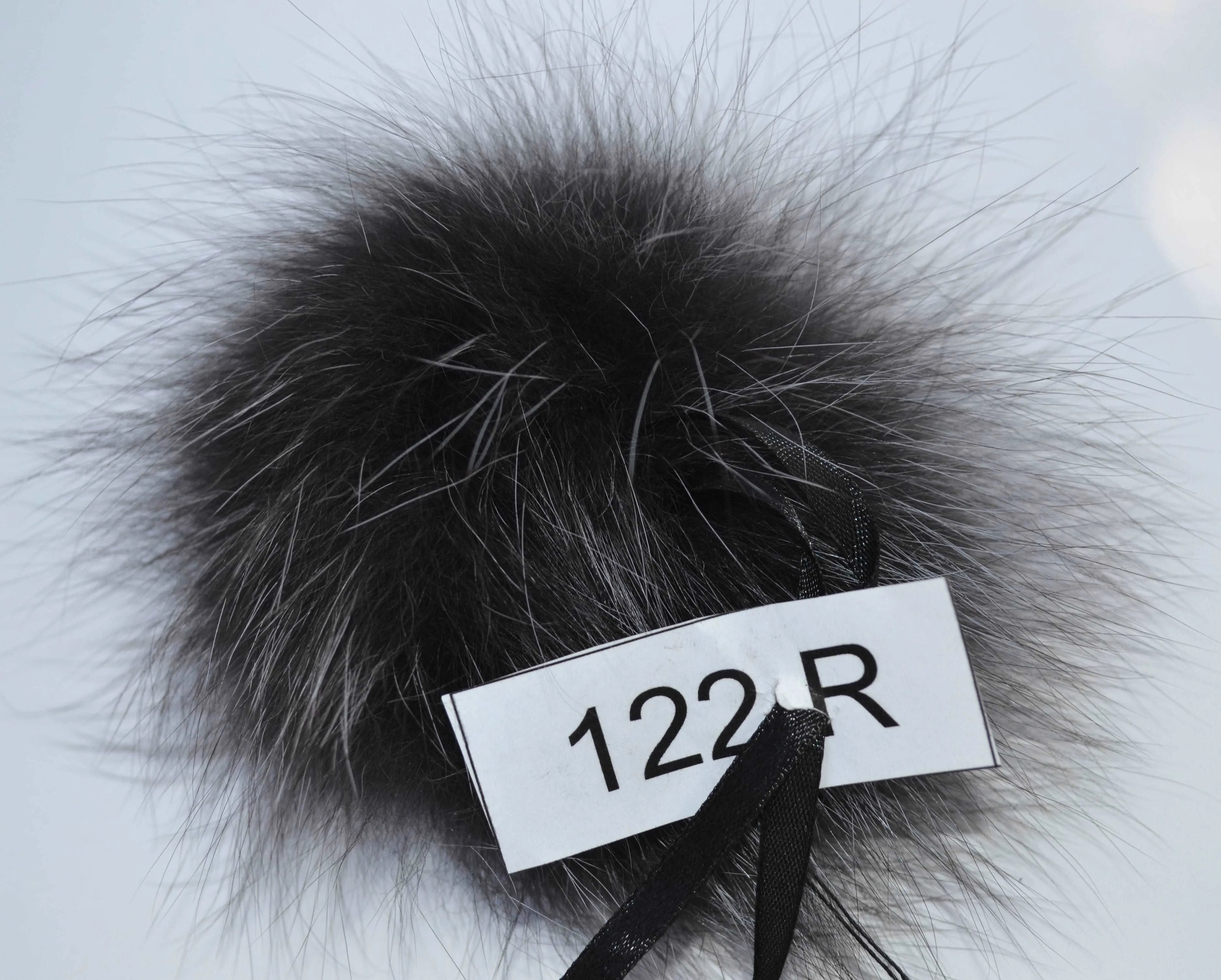 7" Rare Large Blue Frost Fox Pom Pom, dark grey color, with ribbons