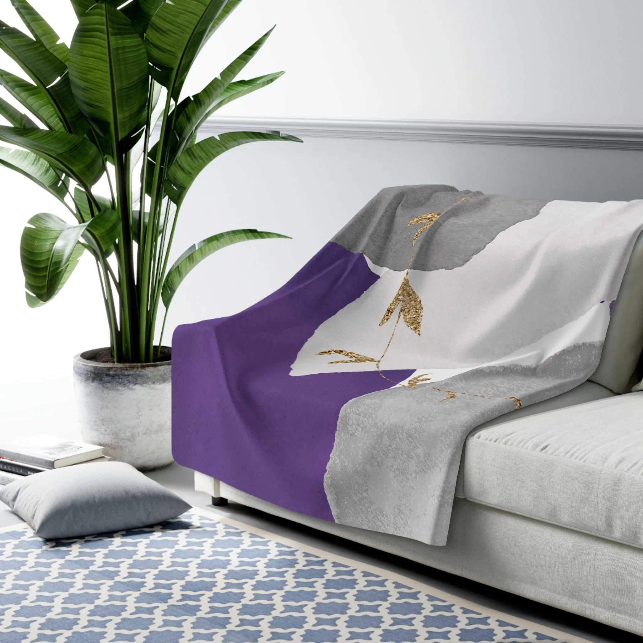 Abstract Boho Couch, Fleece Throw Blanket | Modern Grey, Lilac Lavender Purple Bathroom Decor