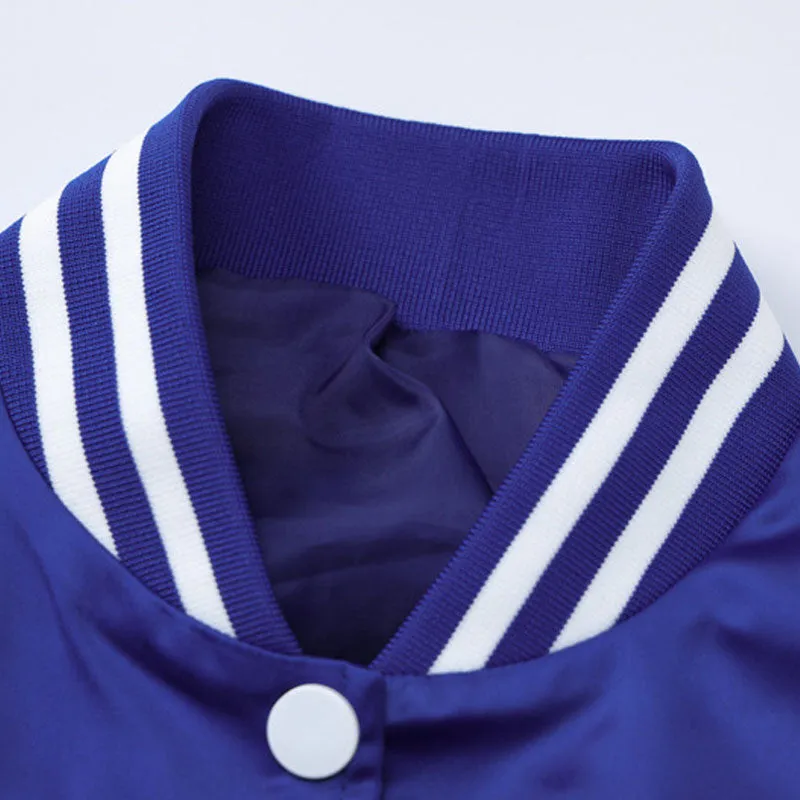 Active Letter Print Button Up Cropped Varsity Bomber Jacket - Royal Blue