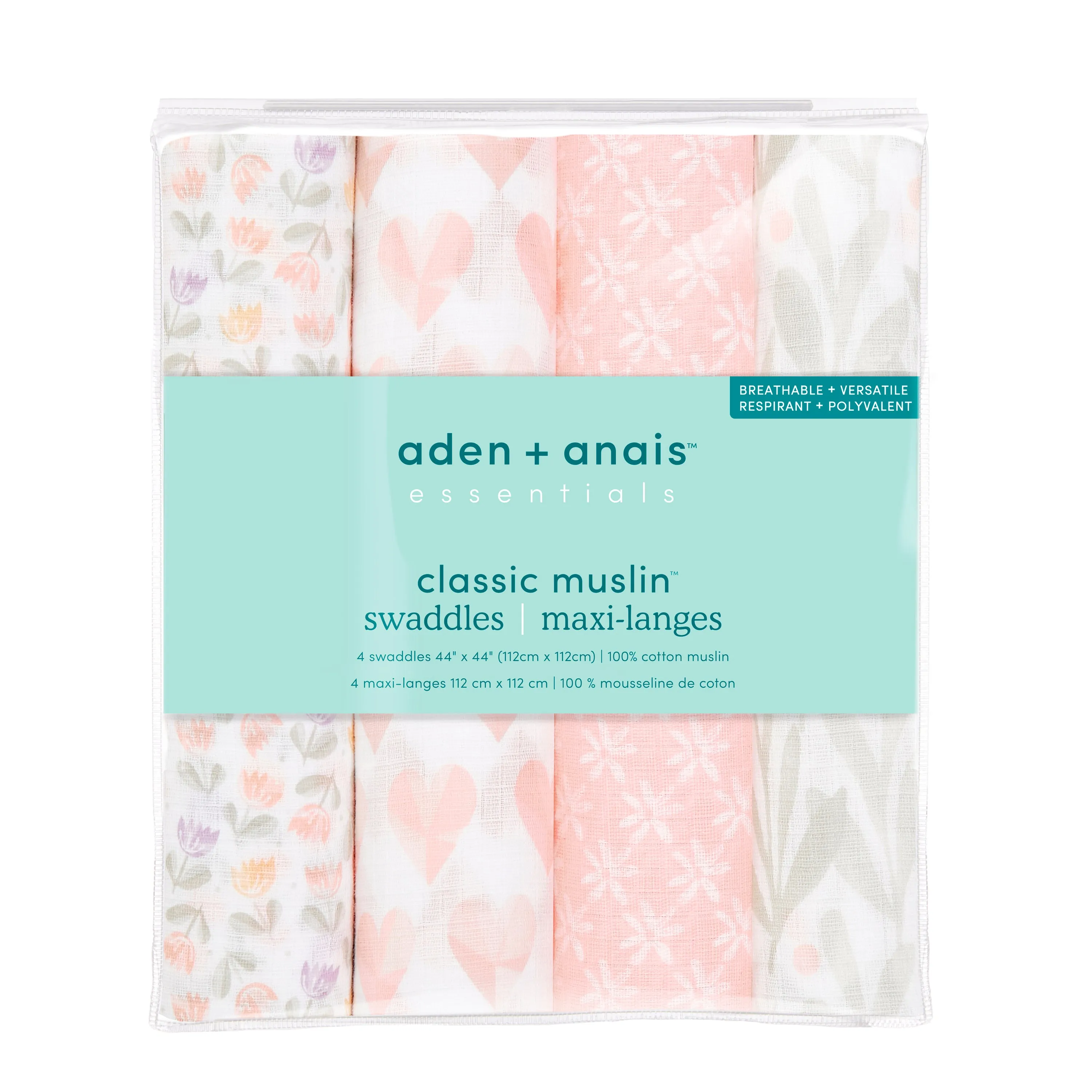 aden   anais Cotton Muslin Swaddles 4 pack Piece of My Heart pink