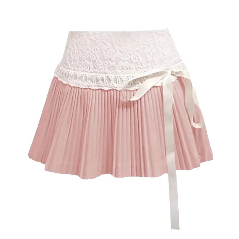 Advbridge Coquette Pleated Skirt Women Fairycore Elegant Mini Skirts Kawaii Sweet Lace Up Bow Cute Fanshion Summer Short Skirt