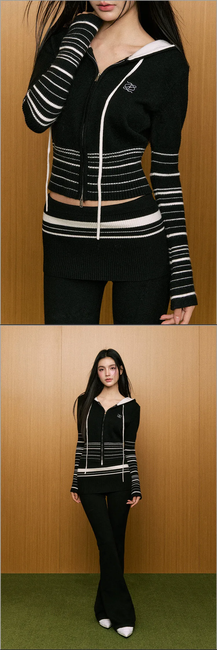 AGAM Striped Knit Hoodie Cardigan & Flared Slim-Fit Pants Set