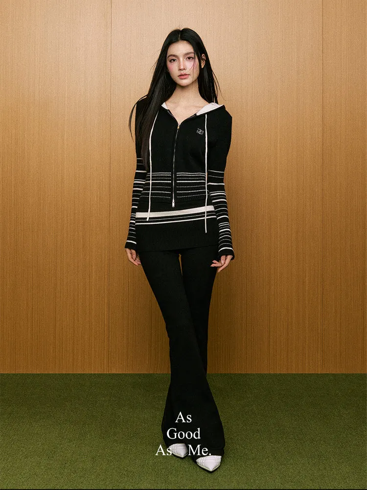 AGAM Striped Knit Hoodie Cardigan & Flared Slim-Fit Pants Set