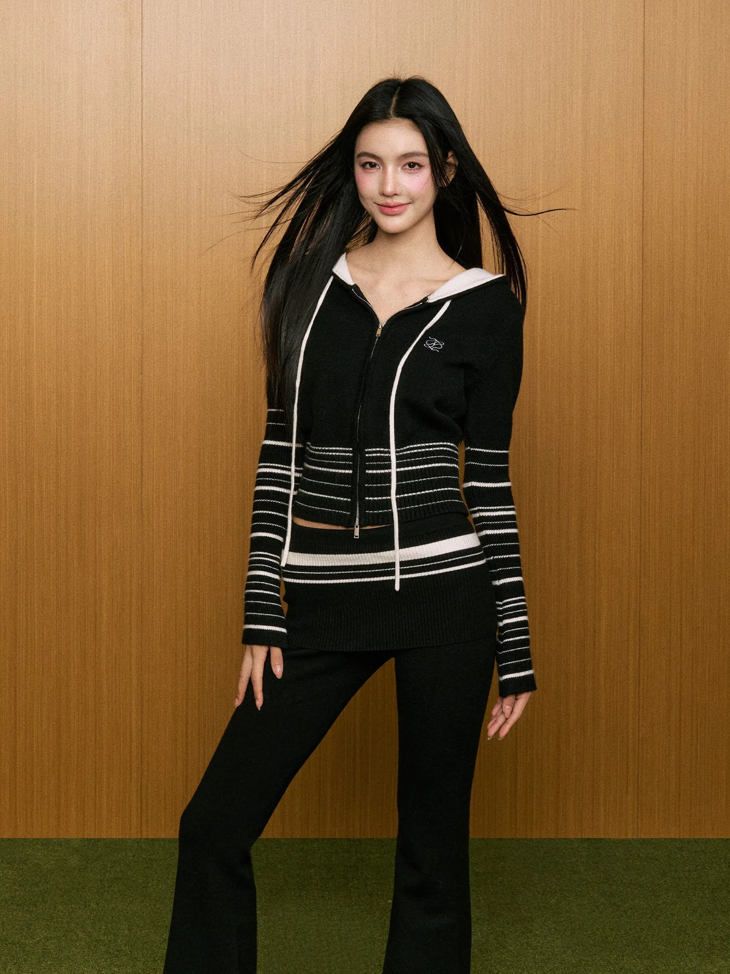 AGAM Striped Knit Hoodie Cardigan & Flared Slim-Fit Pants Set