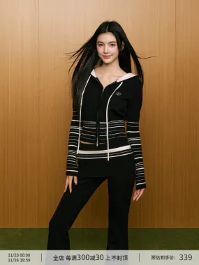 AGAM Striped Knit Hoodie Cardigan & Flared Slim-Fit Pants Set