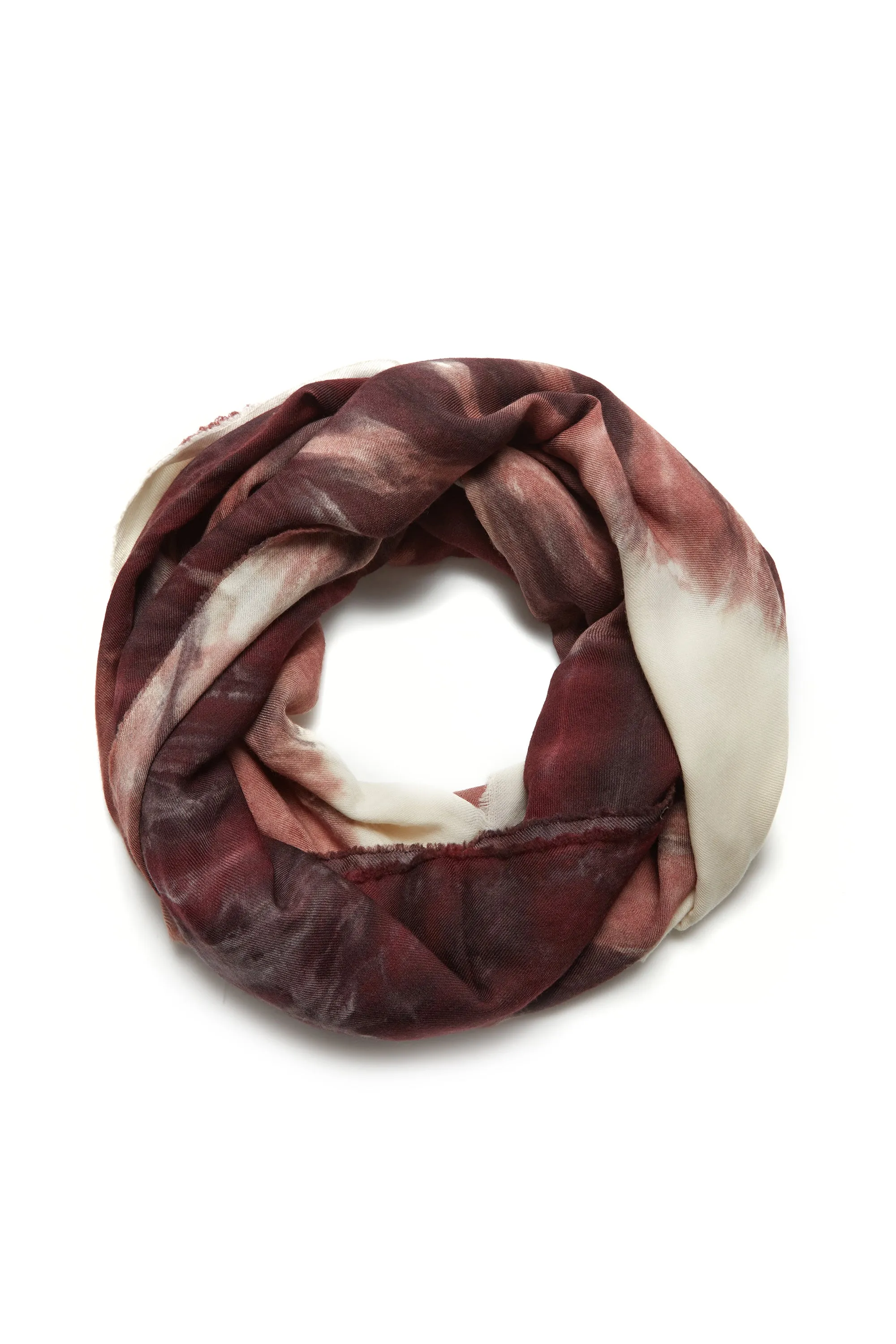 Anaya Scarf in Deep Bordeaux Multi Tie Dye Cashmere Silk and Wool Gauze with Edge Stitch