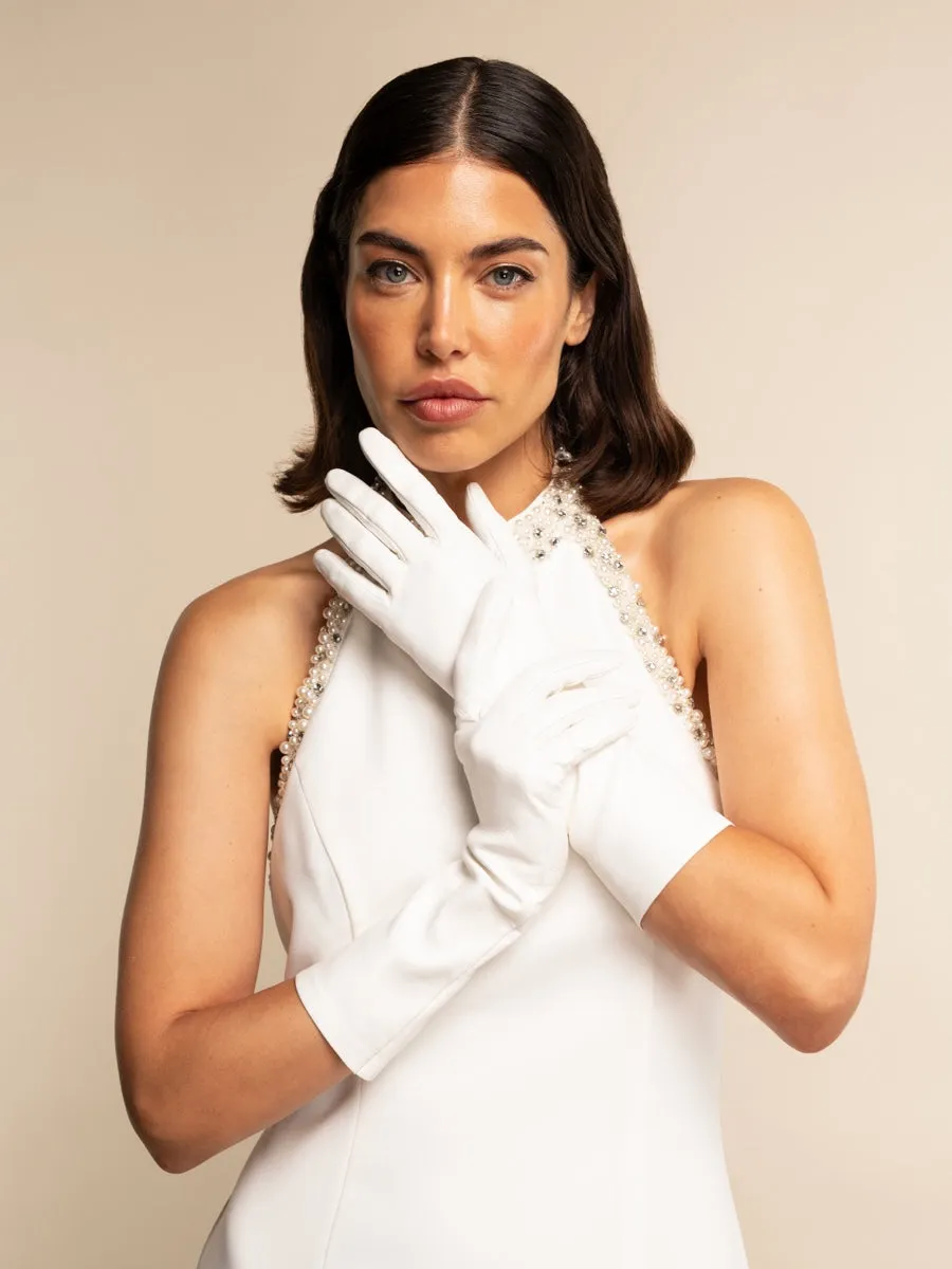 Angelina (white) - Italian silk lined 6-button length leather bridal / opera gloves