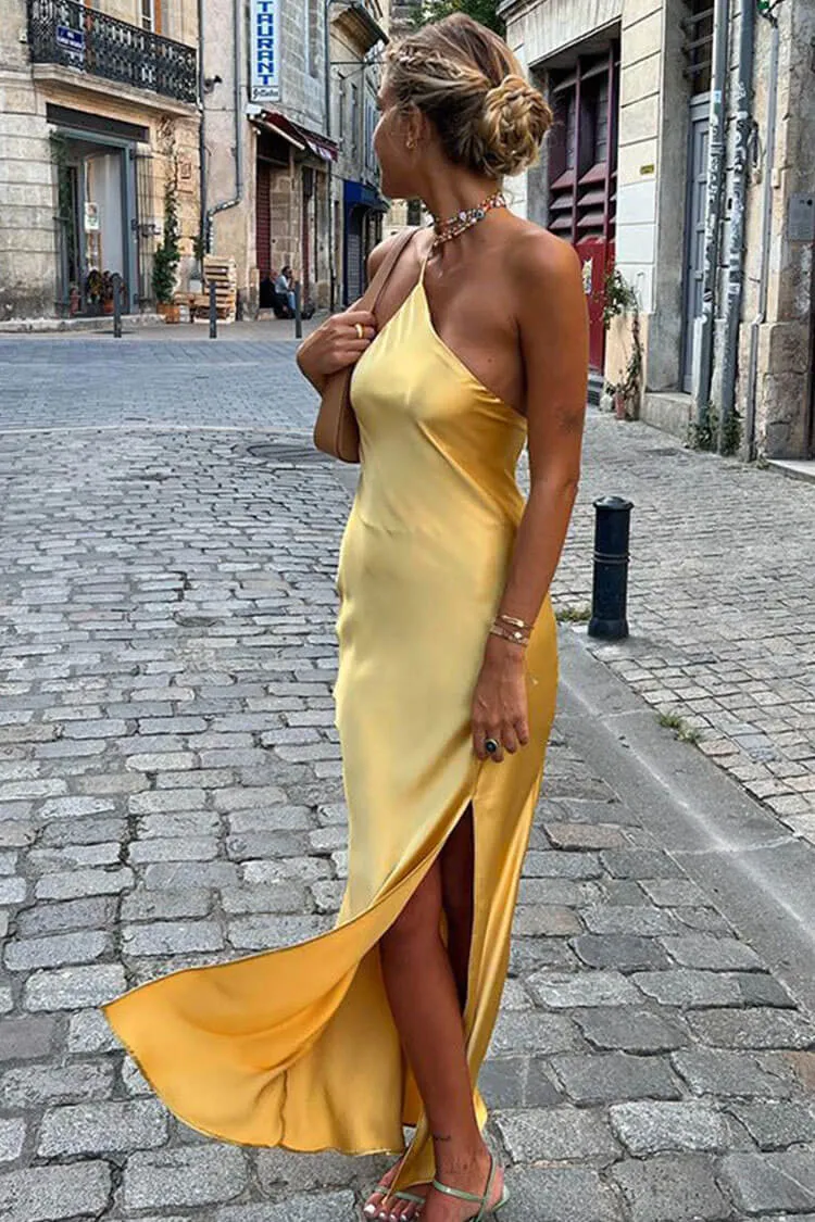 Asymmetrical One Shoulder Backless Satin Sleeveless Midi Dress - Muted Yellow