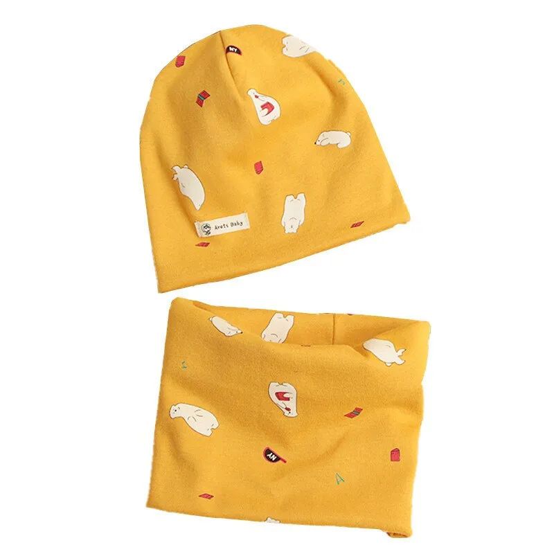 Autumn Winter Cotton Knit Children's Hat Collar 2 Set Boys and Girls Hats Set Baby Solid Color Scarf Cap two-piece