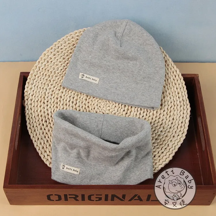 Autumn Winter Cotton Knit Children's Hat Collar 2 Set Boys and Girls Hats Set Baby Solid Color Scarf Cap two-piece