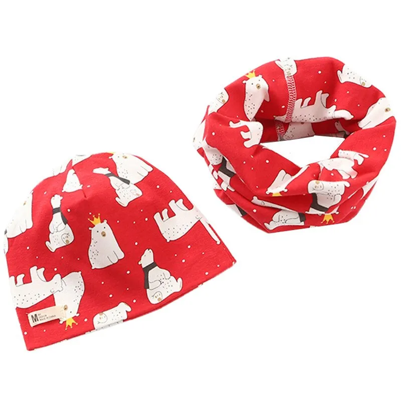 Autumn Winter Cotton Knit Children's Hat Collar 2 Set Boys and Girls Hats Set Baby Solid Color Scarf Cap two-piece