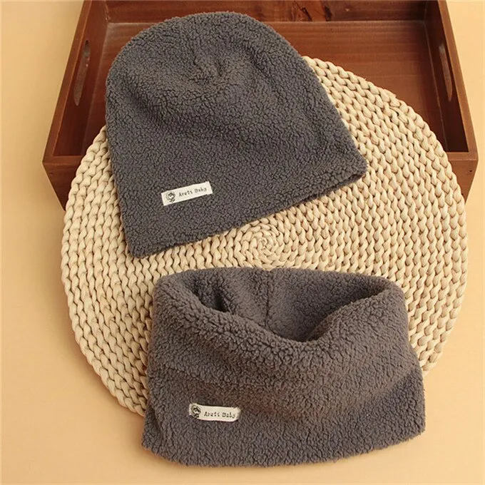 Autumn Winter Cotton Knit Children's Hat Collar 2 Set Boys and Girls Hats Set Baby Solid Color Scarf Cap two-piece