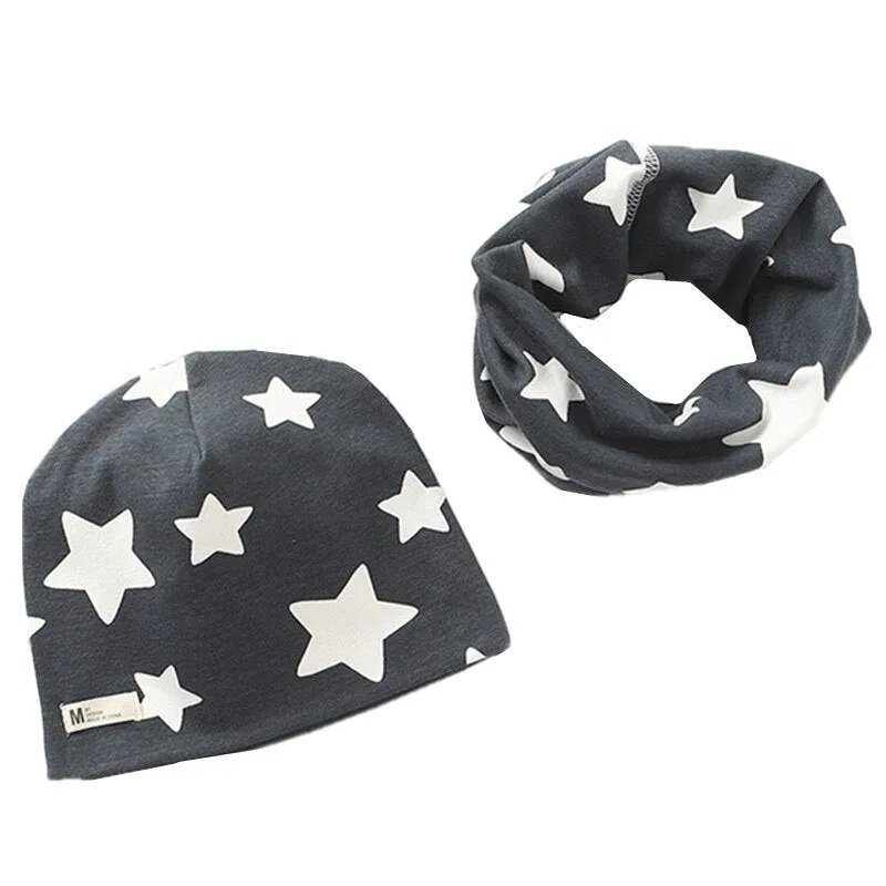 Autumn Winter Cotton Knit Children's Hat Collar 2 Set Boys and Girls Hats Set Baby Solid Color Scarf Cap two-piece