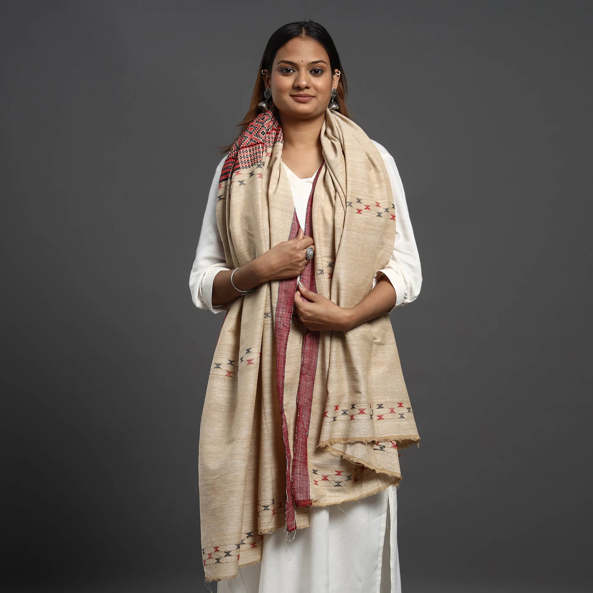 Beige - Assamese Gero Design Mising Eri Silk Handloom Shawl cum Stole