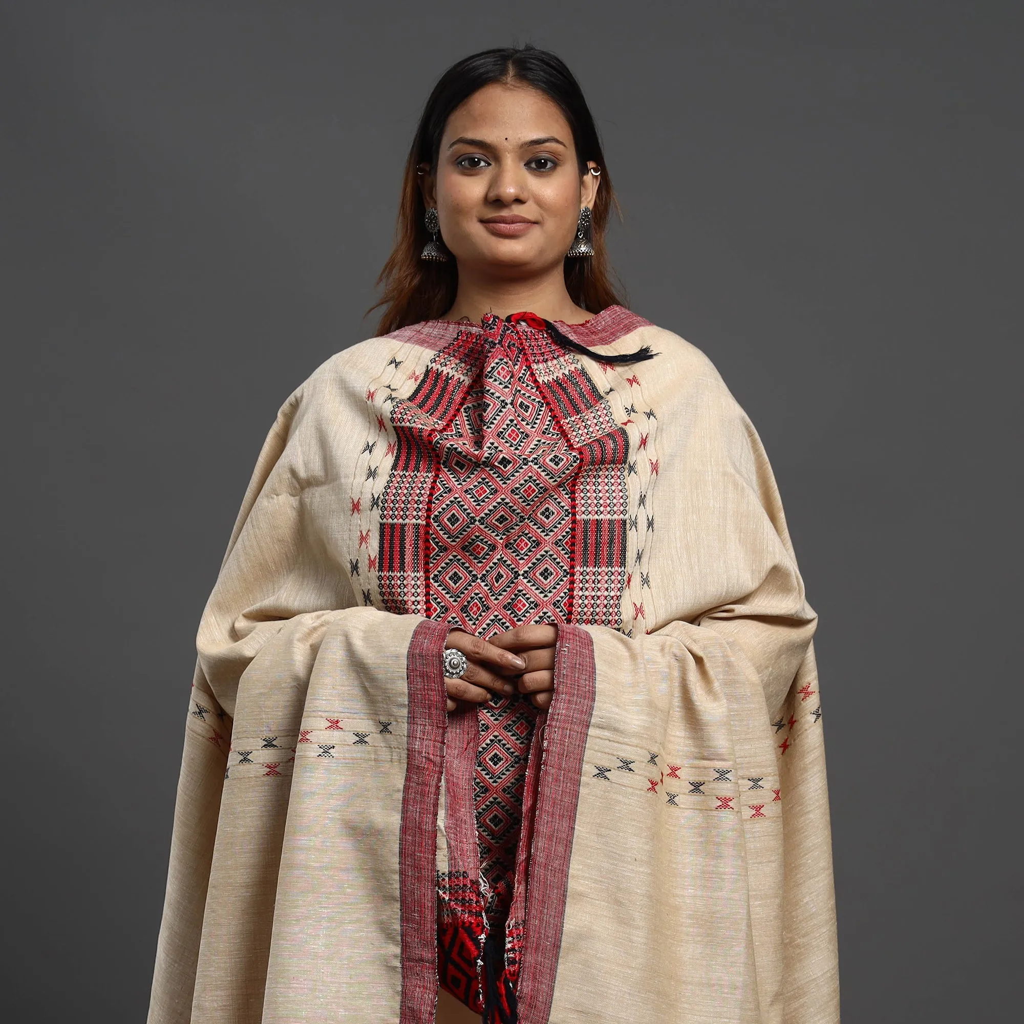 Beige - Assamese Gero Design Mising Eri Silk Handloom Shawl cum Stole