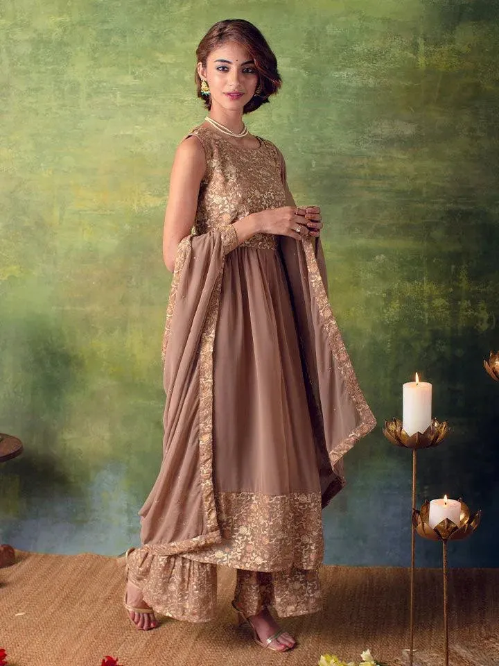 Beige Embroidered Georgette A-Line Kurta With Palazzos & Dupatta