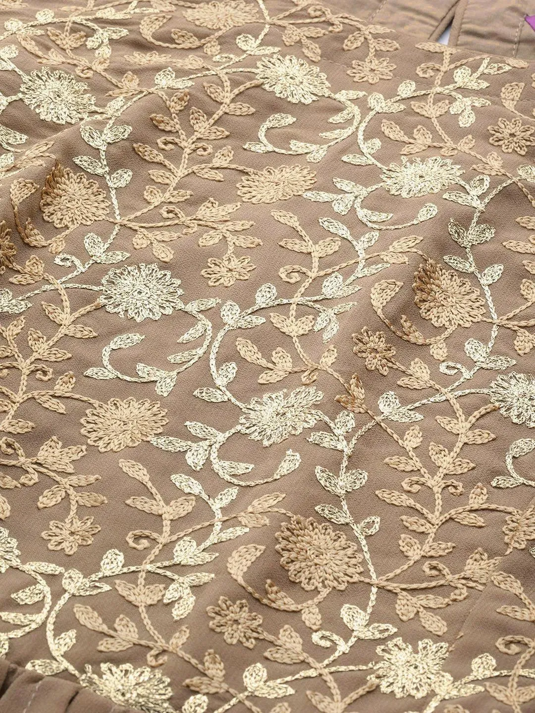 Beige Embroidered Georgette A-Line Kurta With Palazzos & Dupatta