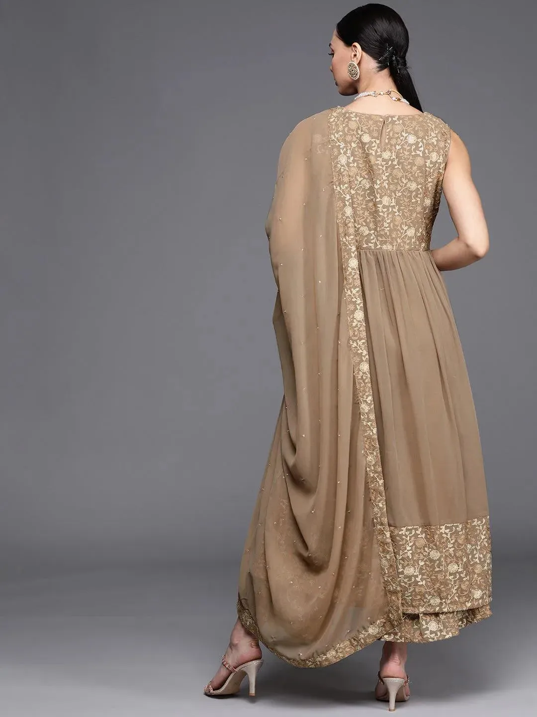 Beige Embroidered Georgette A-Line Kurta With Palazzos & Dupatta