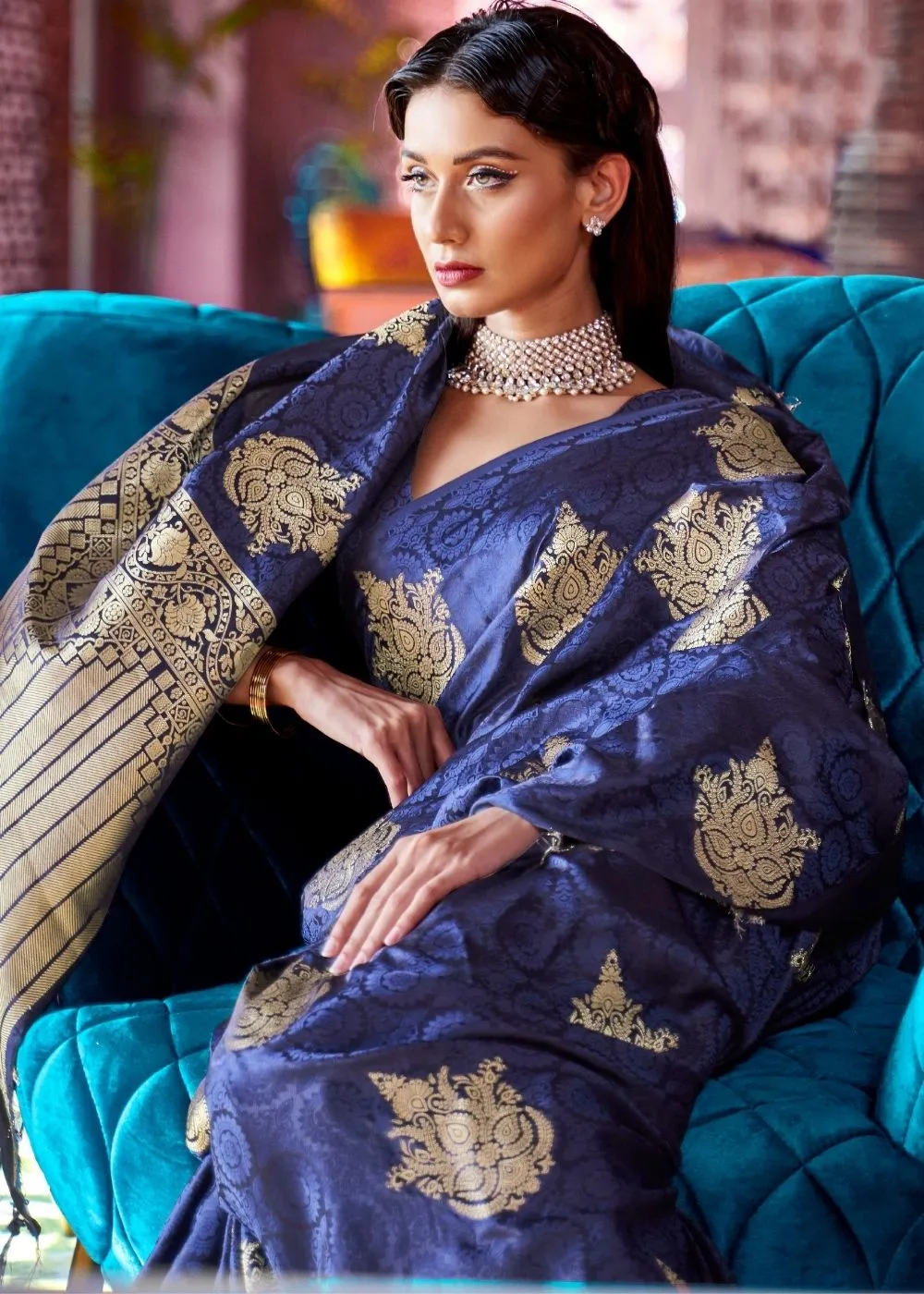 Berry Blue Satin Silk Saree with overall Golden Butti