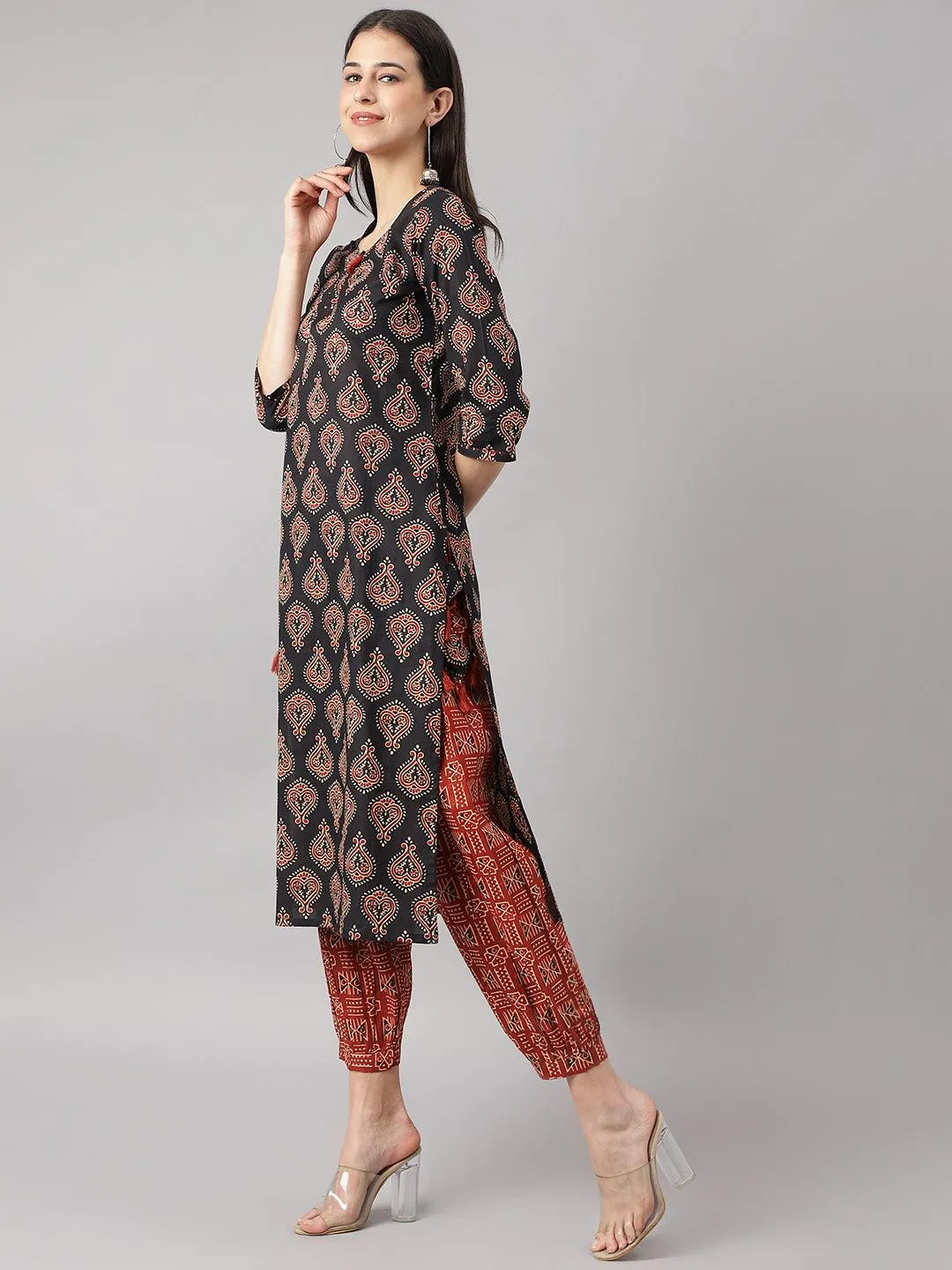 Black And Red Cotton Buti Printed Kurta With Hem Cuffed Pant Set