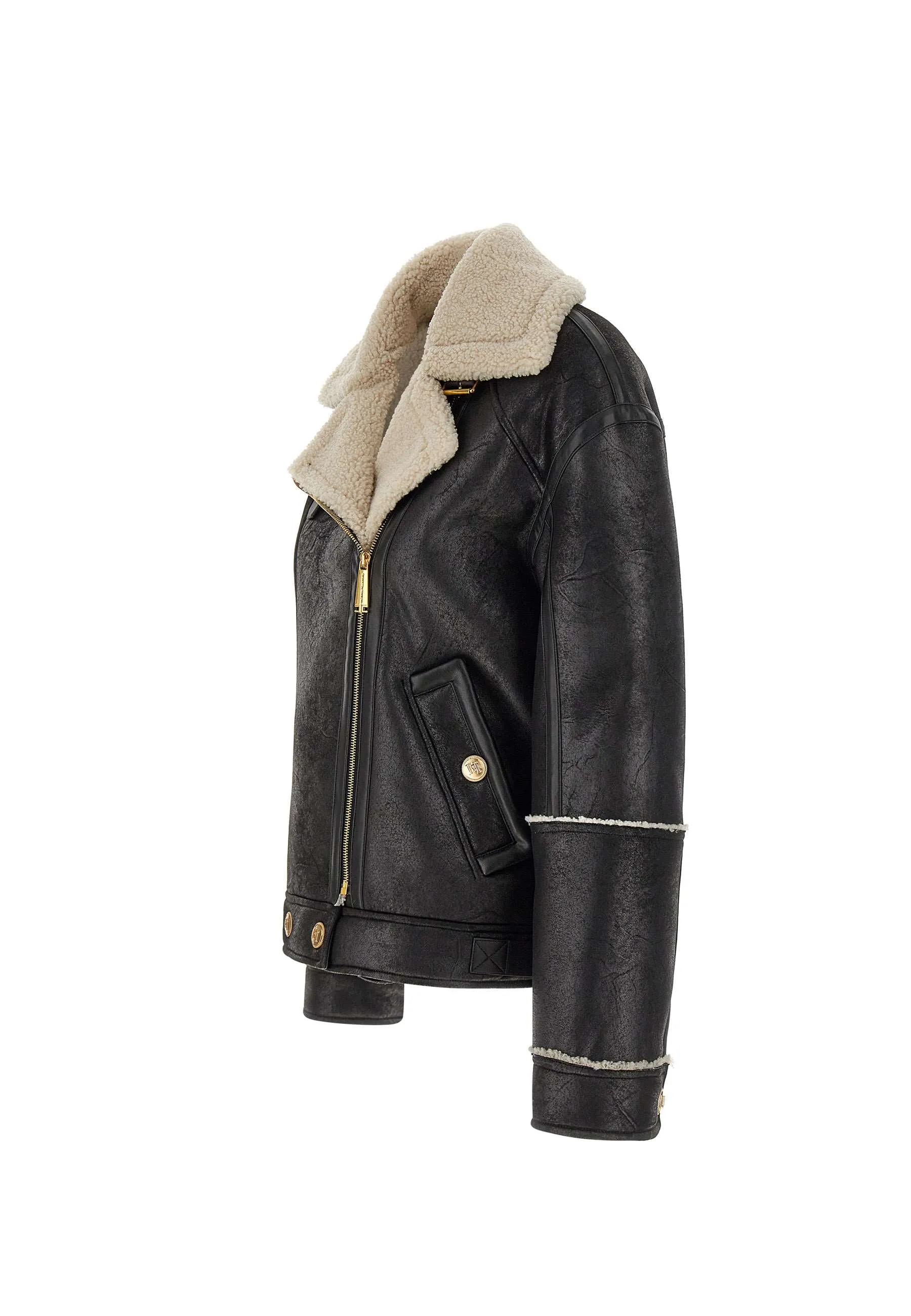 Black Aviator Shearling Jacket Gold