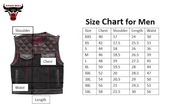 Black Denim Vest Leather vest Red Stich Leather Motorcycle Diamond Quilted Men's Leather Vest Biker Rider Club