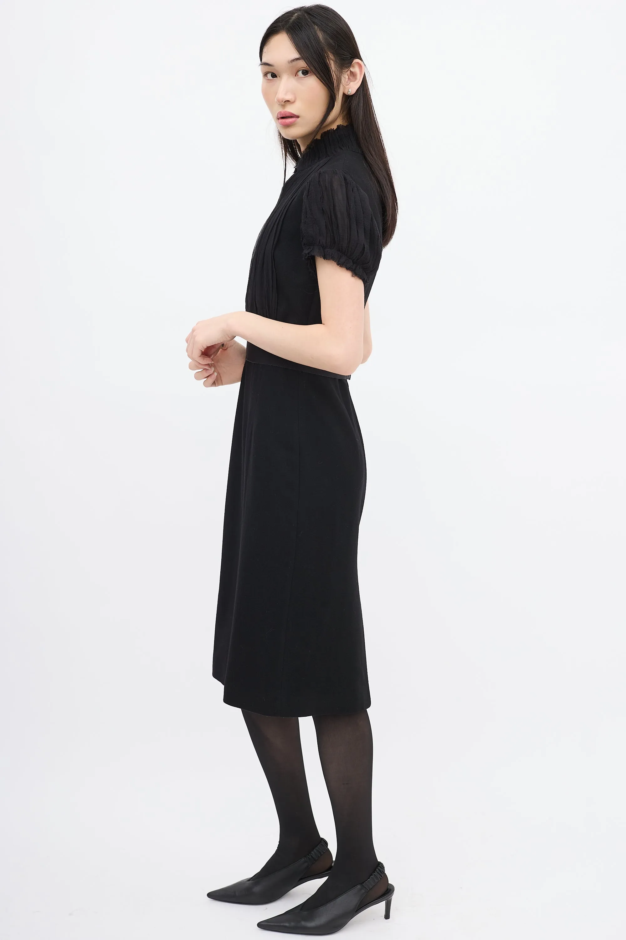 Black Wool & Silk Puff Sleeve Dress