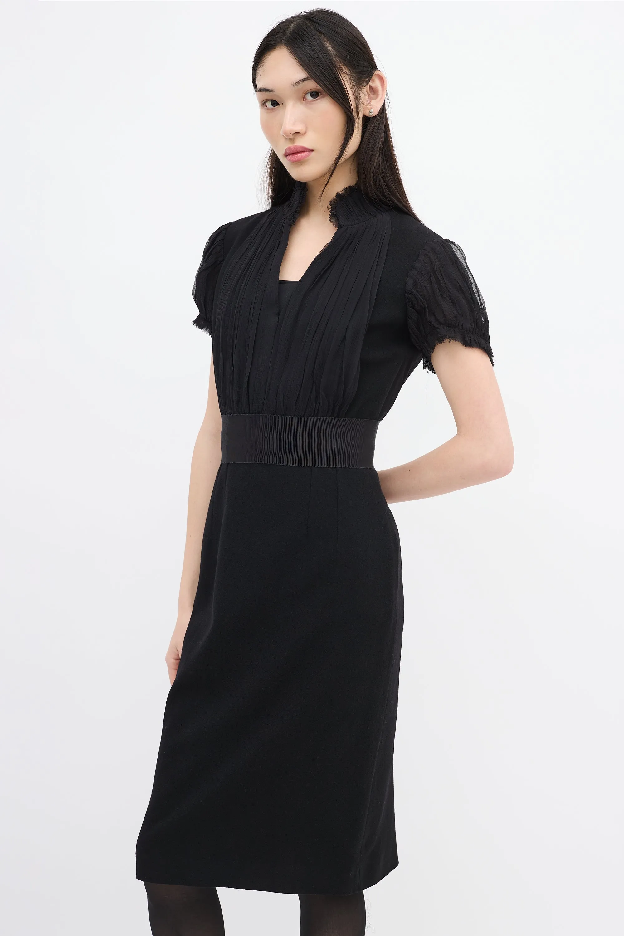 Black Wool & Silk Puff Sleeve Dress