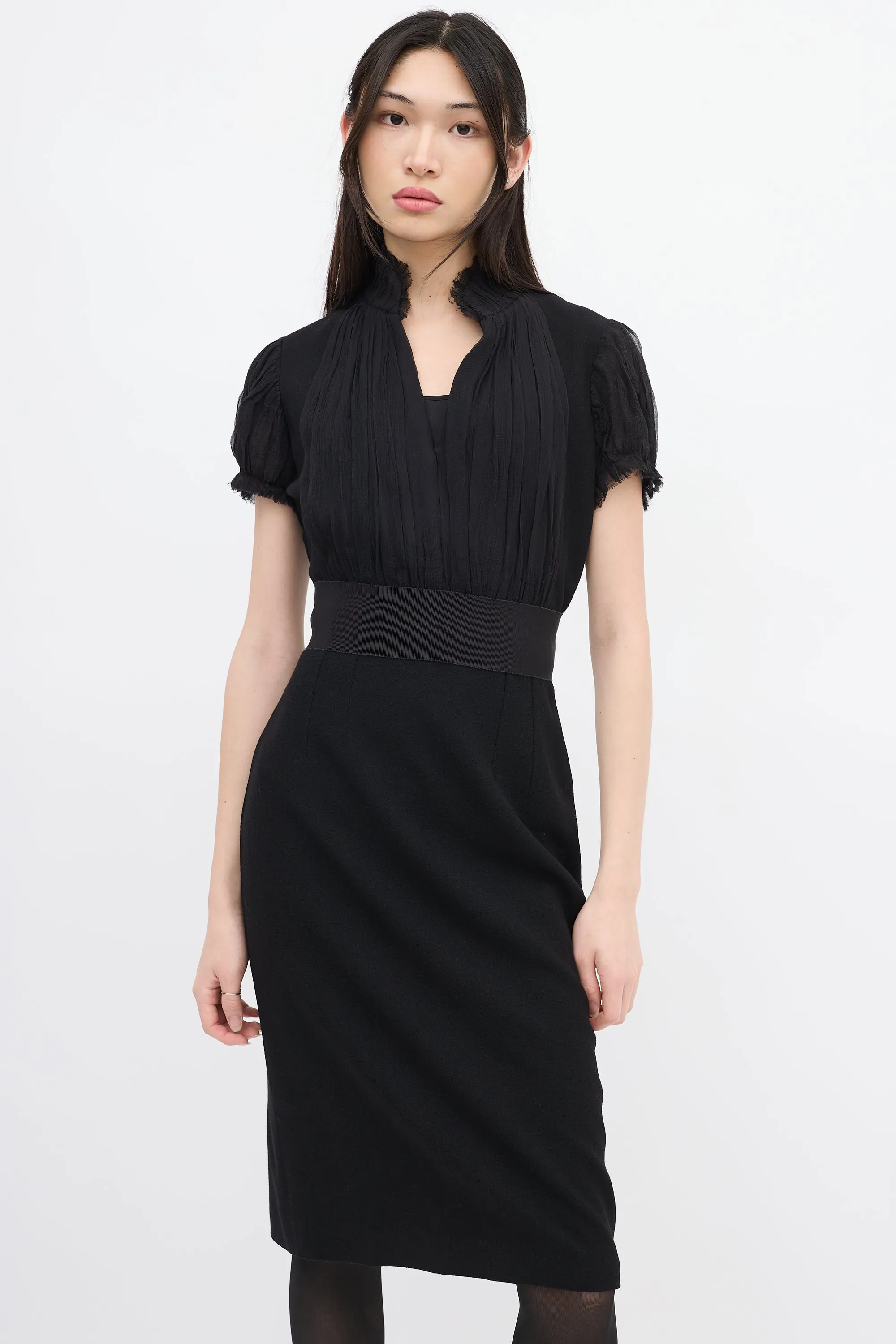 Black Wool & Silk Puff Sleeve Dress