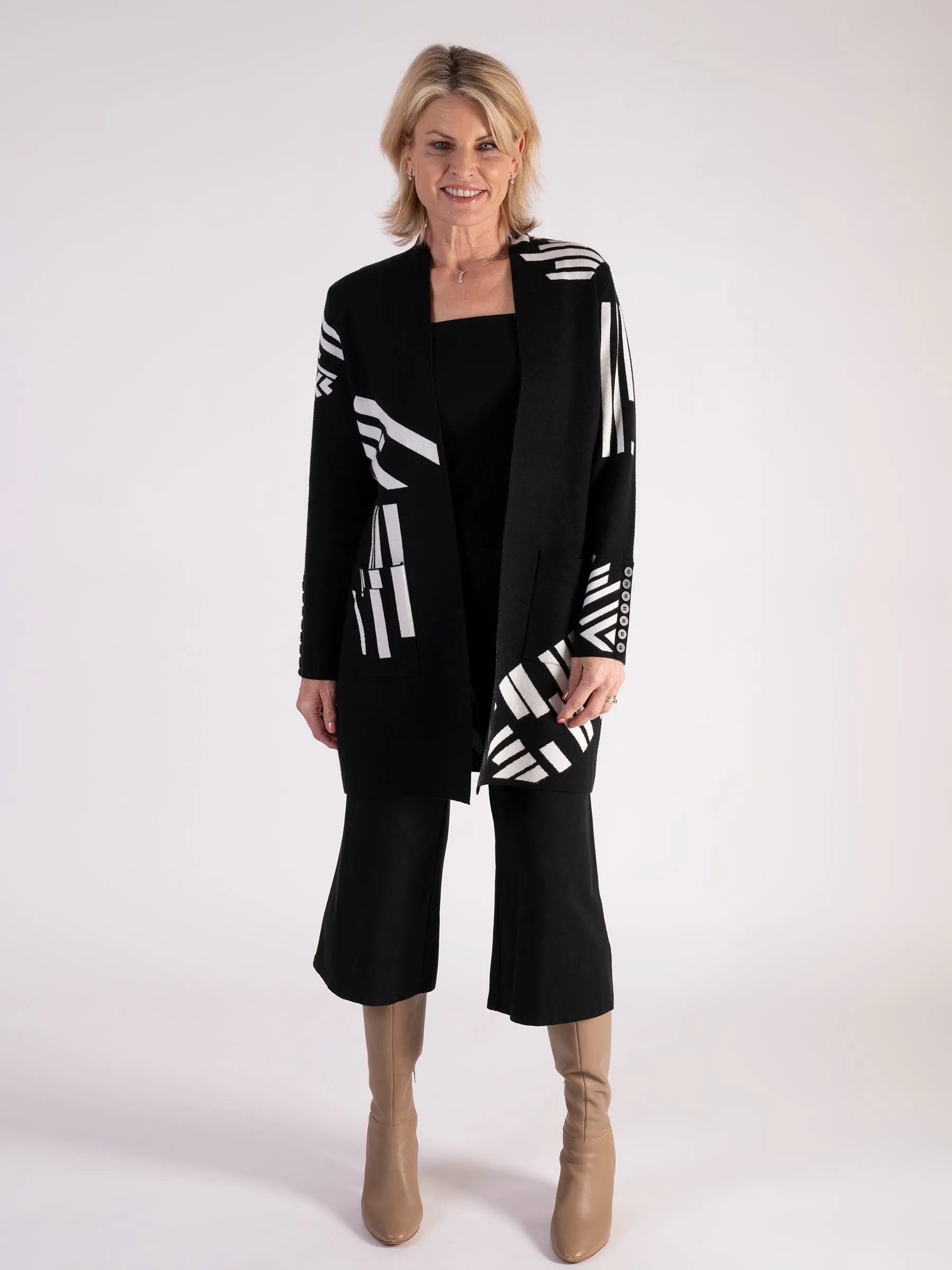 Black/White Abstract Longline Cardigan