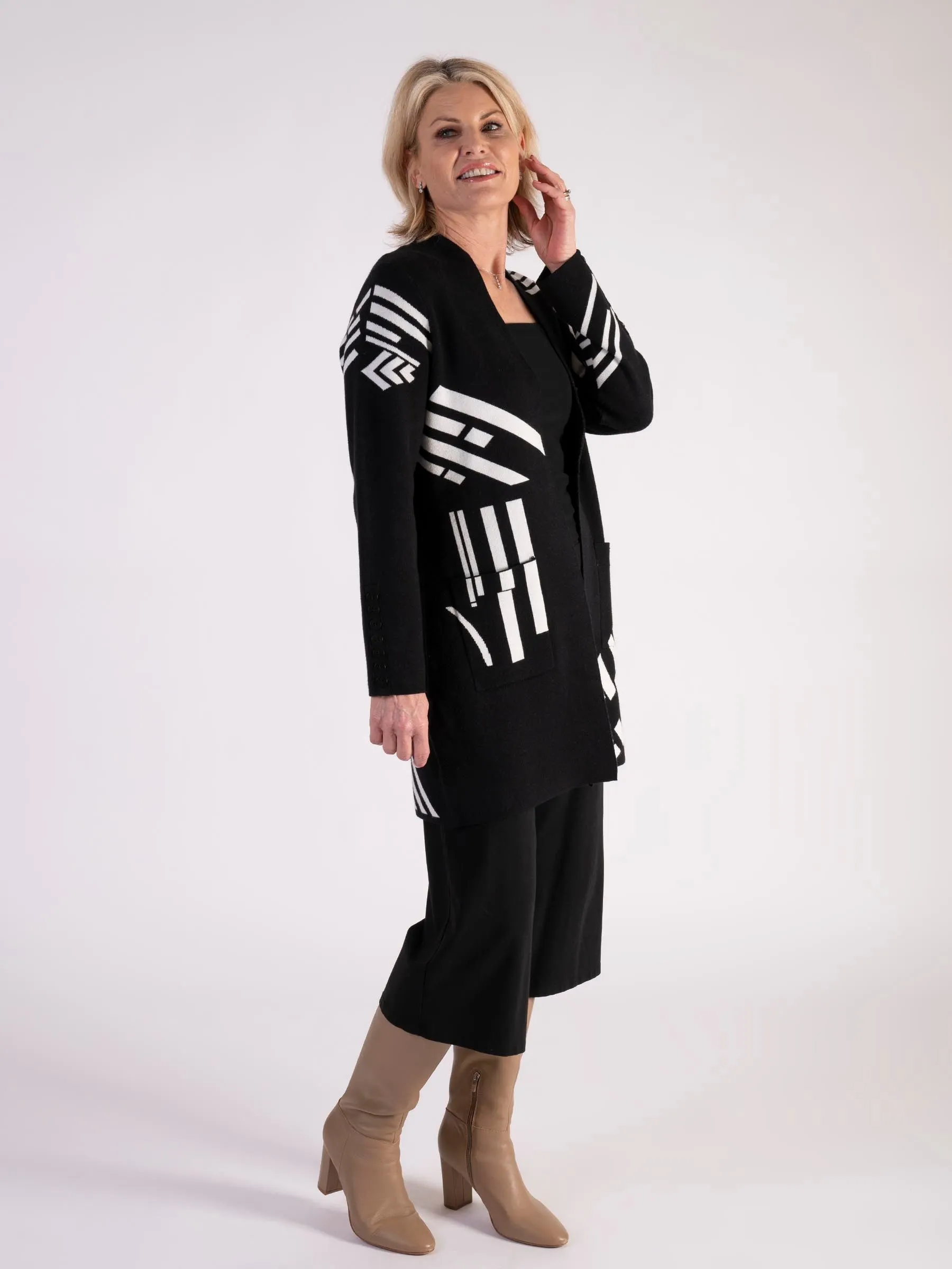 Black/White Abstract Longline Cardigan