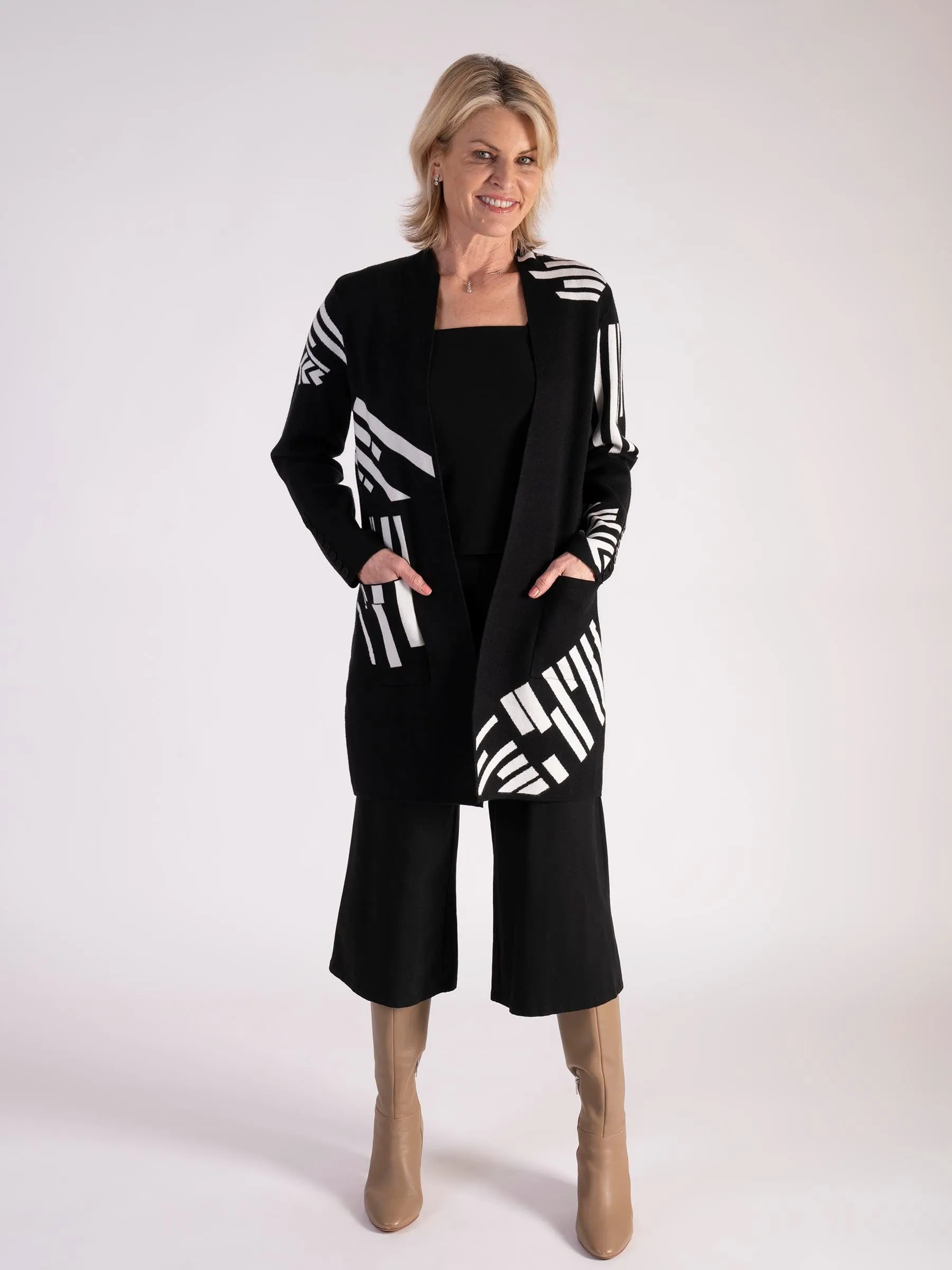 Black/White Abstract Longline Cardigan