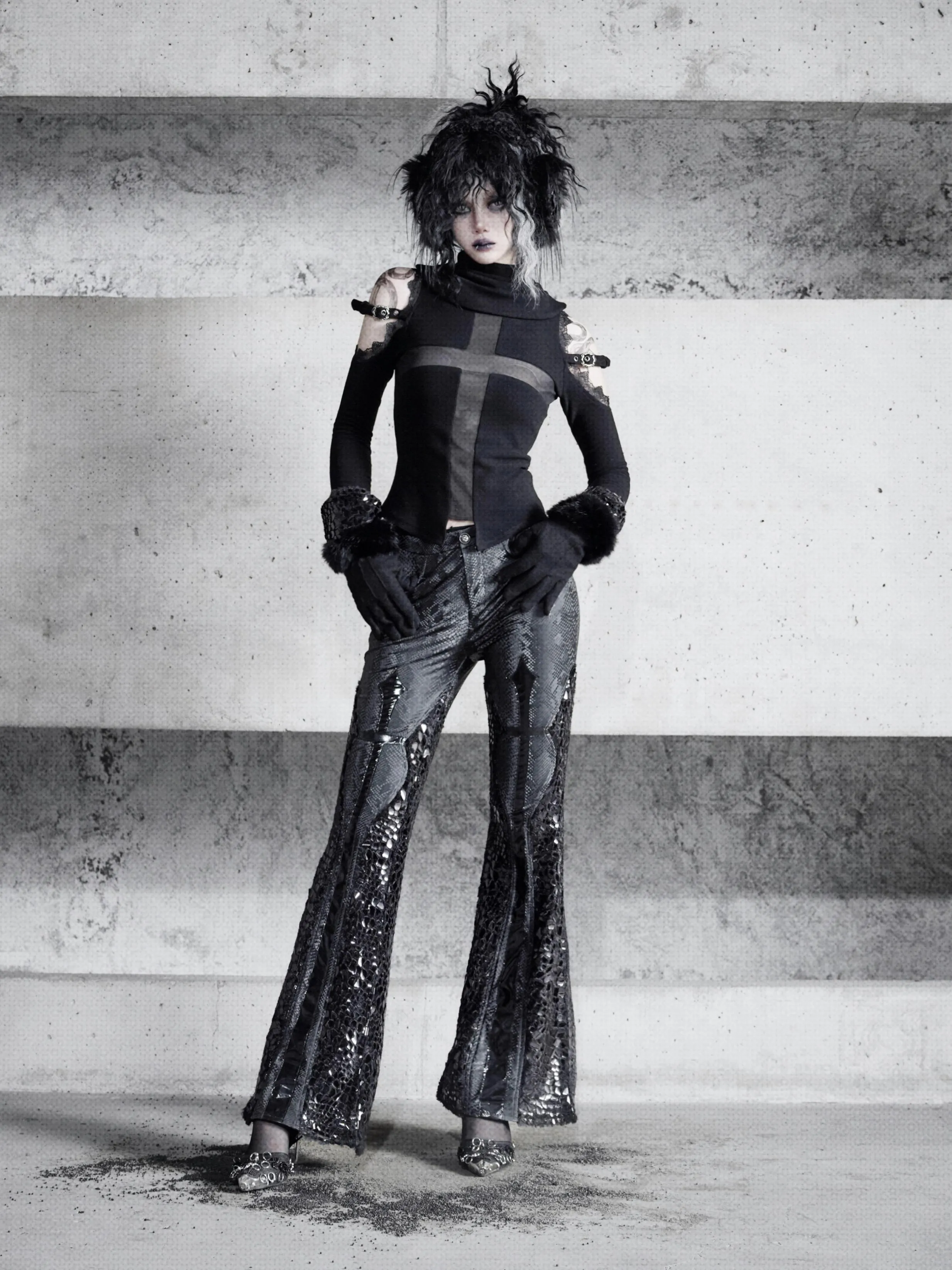 [Blood Supply] Shadow Stalker Gothic Slim Fit Low Waist Flared Pants