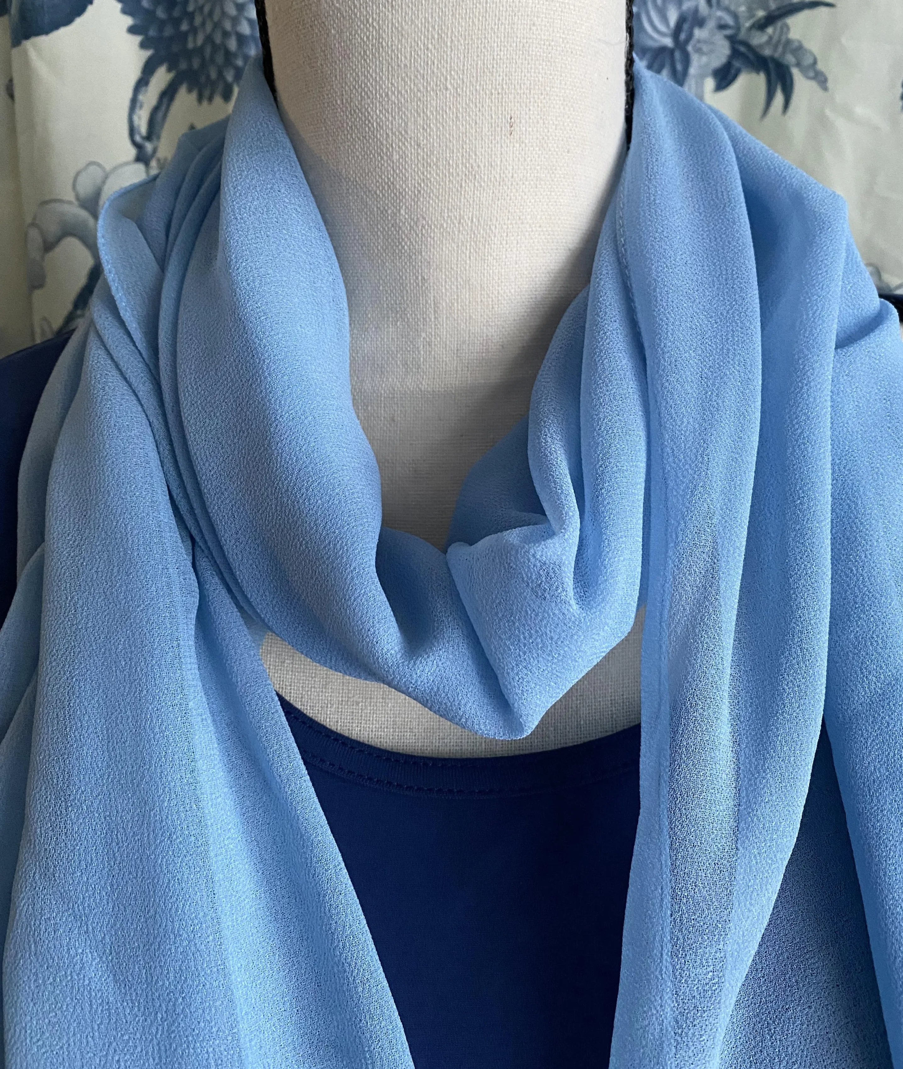 Blue Beaded Chiffon Shawl Long Scarf Evening Wrap Vintage 1990s