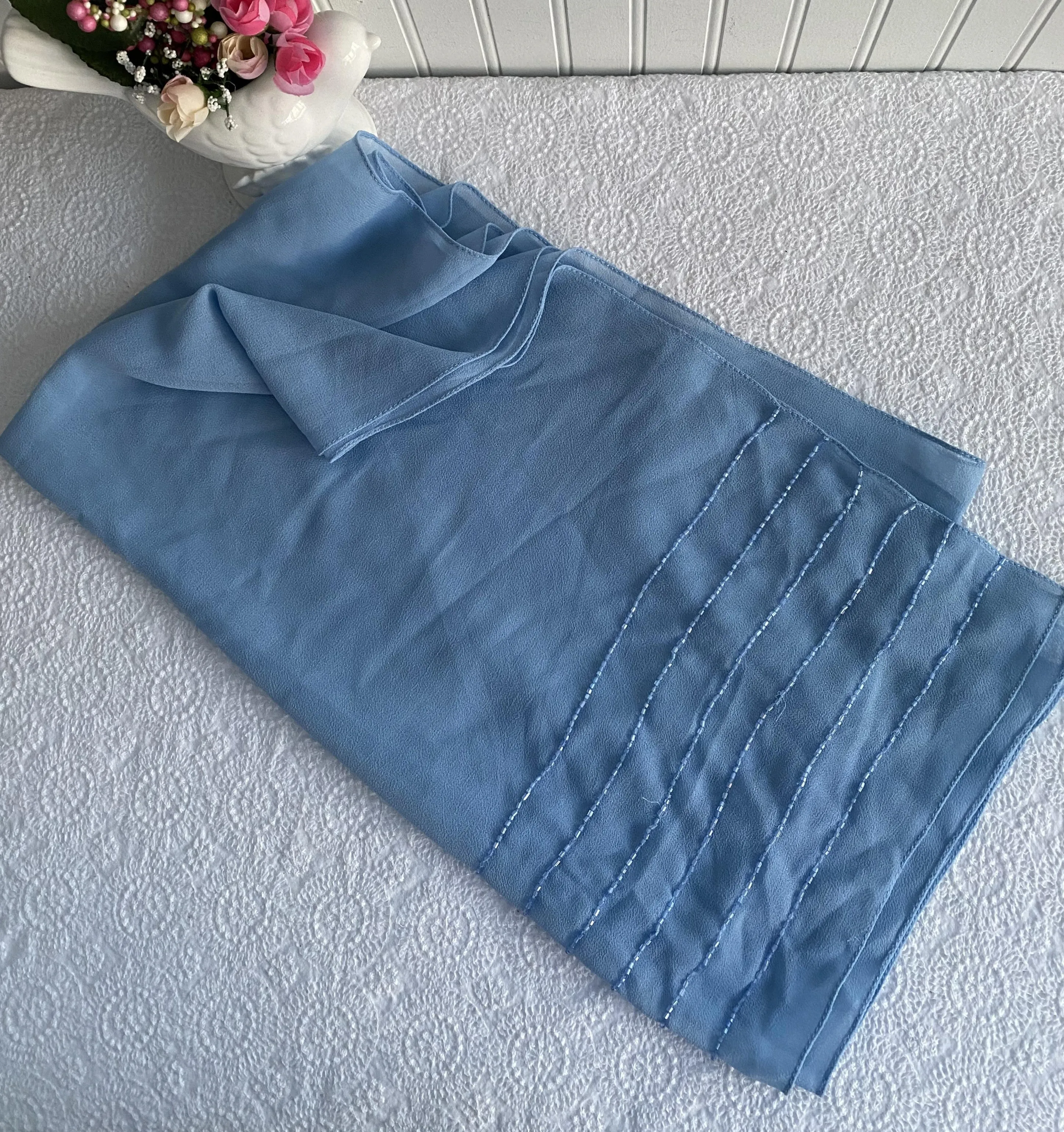 Blue Beaded Chiffon Shawl Long Scarf Evening Wrap Vintage 1990s