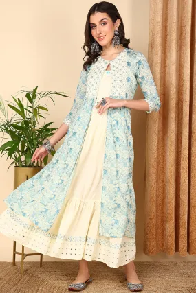 Blue Cotton Geometric Embroidered Flared Dress