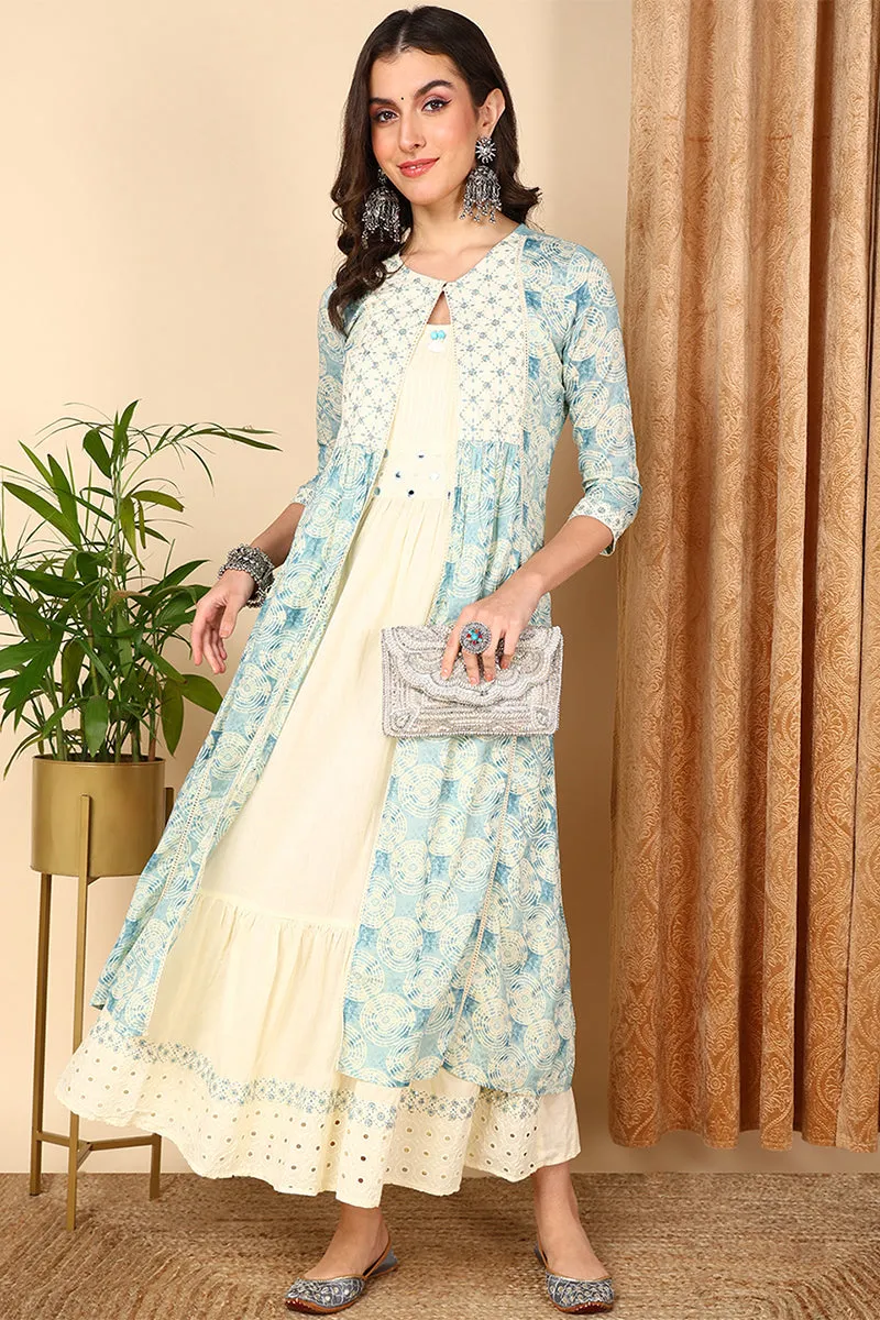 Blue Cotton Geometric Embroidered Flared Dress