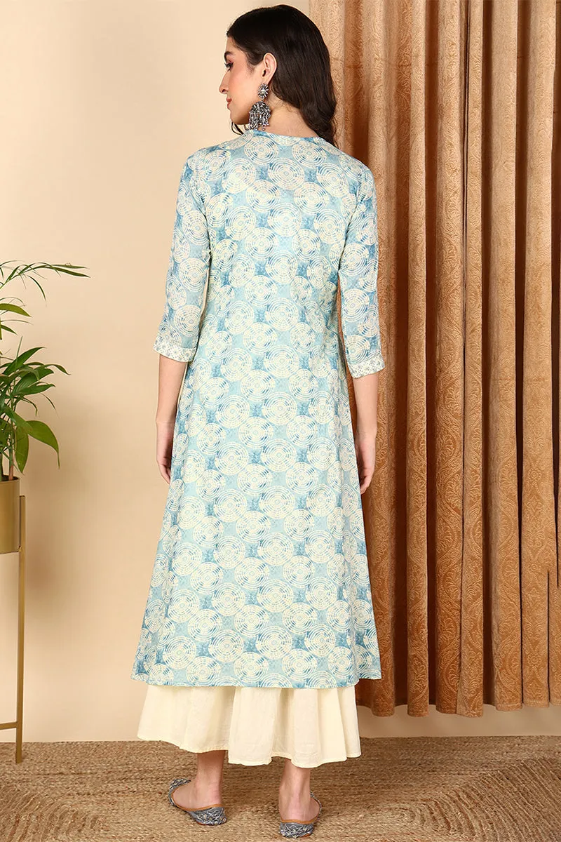 Blue Cotton Geometric Embroidered Flared Dress