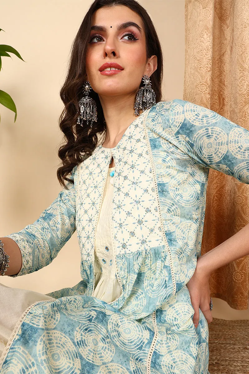 Blue Cotton Geometric Embroidered Flared Dress